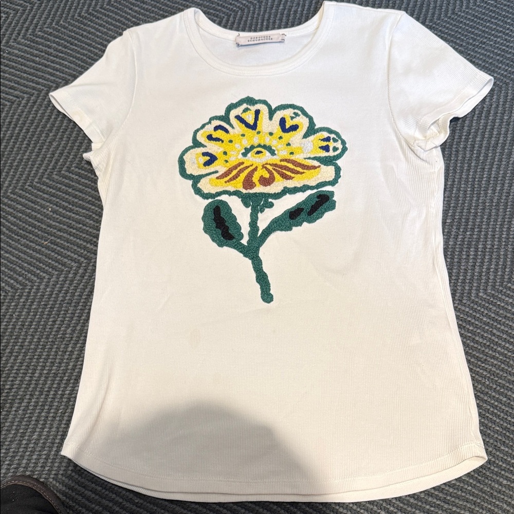 Ladies White Flower Graphic T-Shirt
